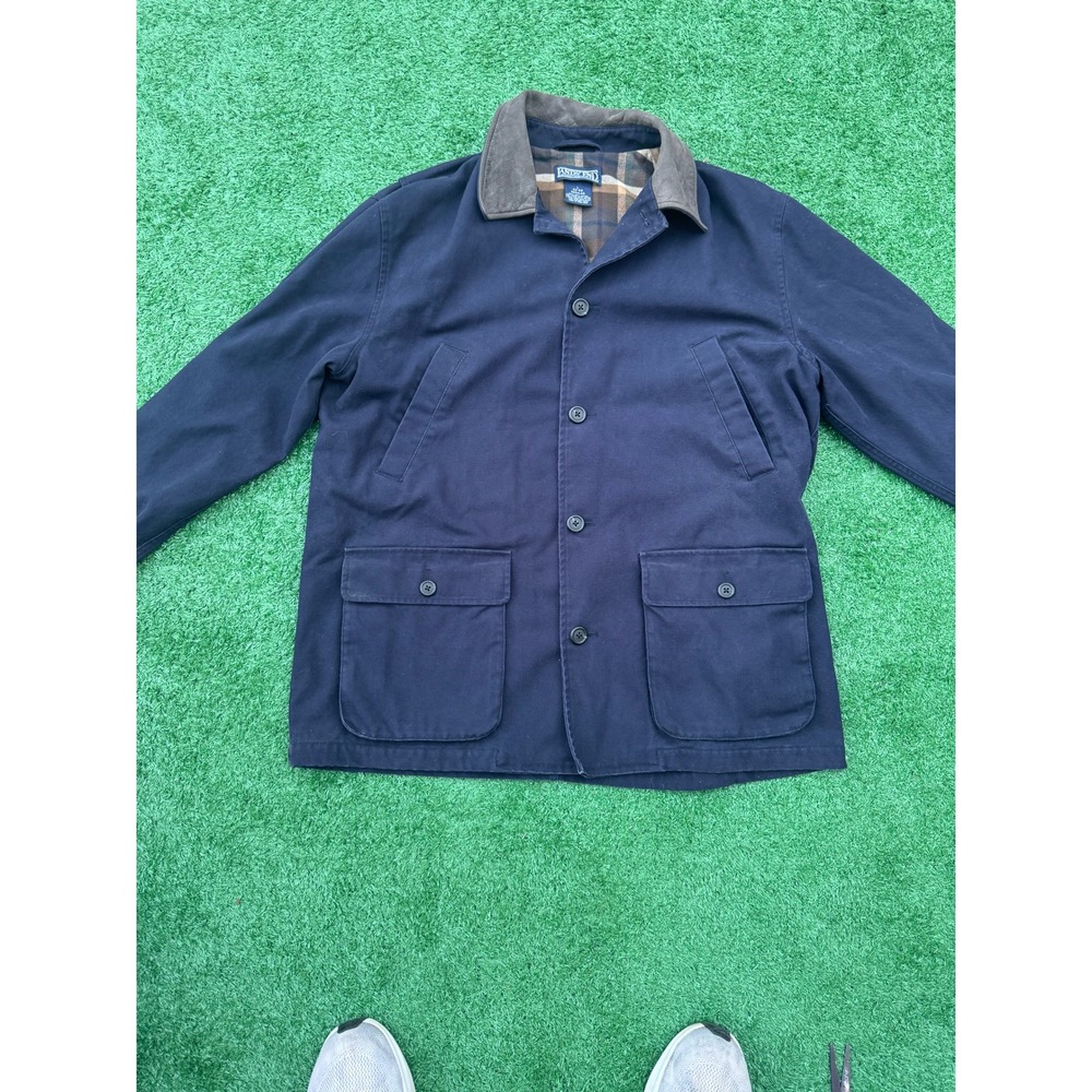 Lands End Mens Navy Blue Cotton Canvas Field Jacket Leather Collar Plaid L 42-44
